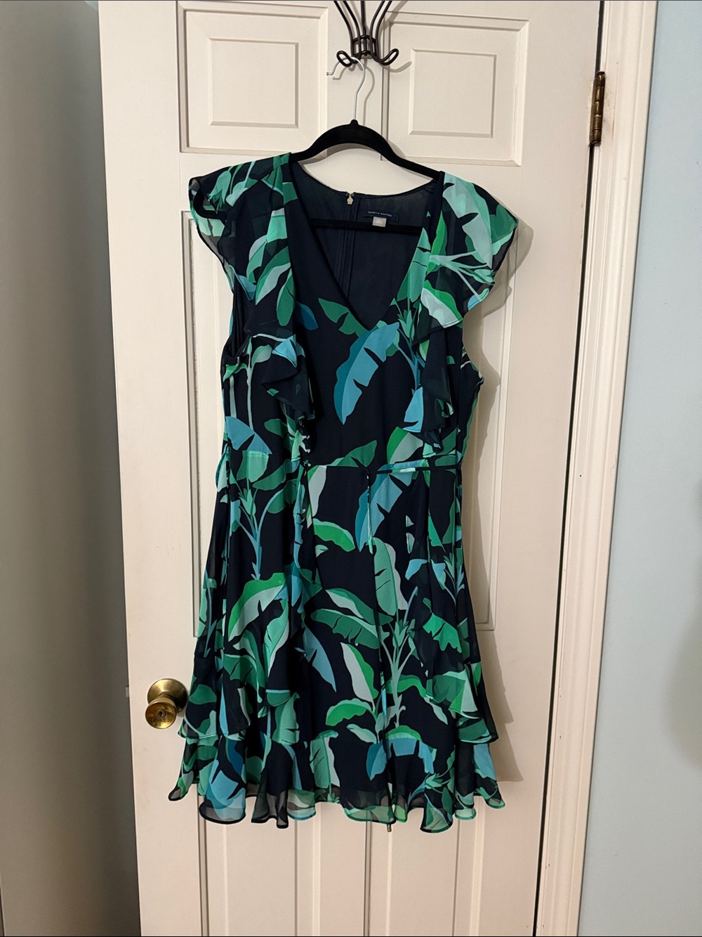 Tommy Hilfiger Navy Midi Dress with Green and Teal Leaf Print